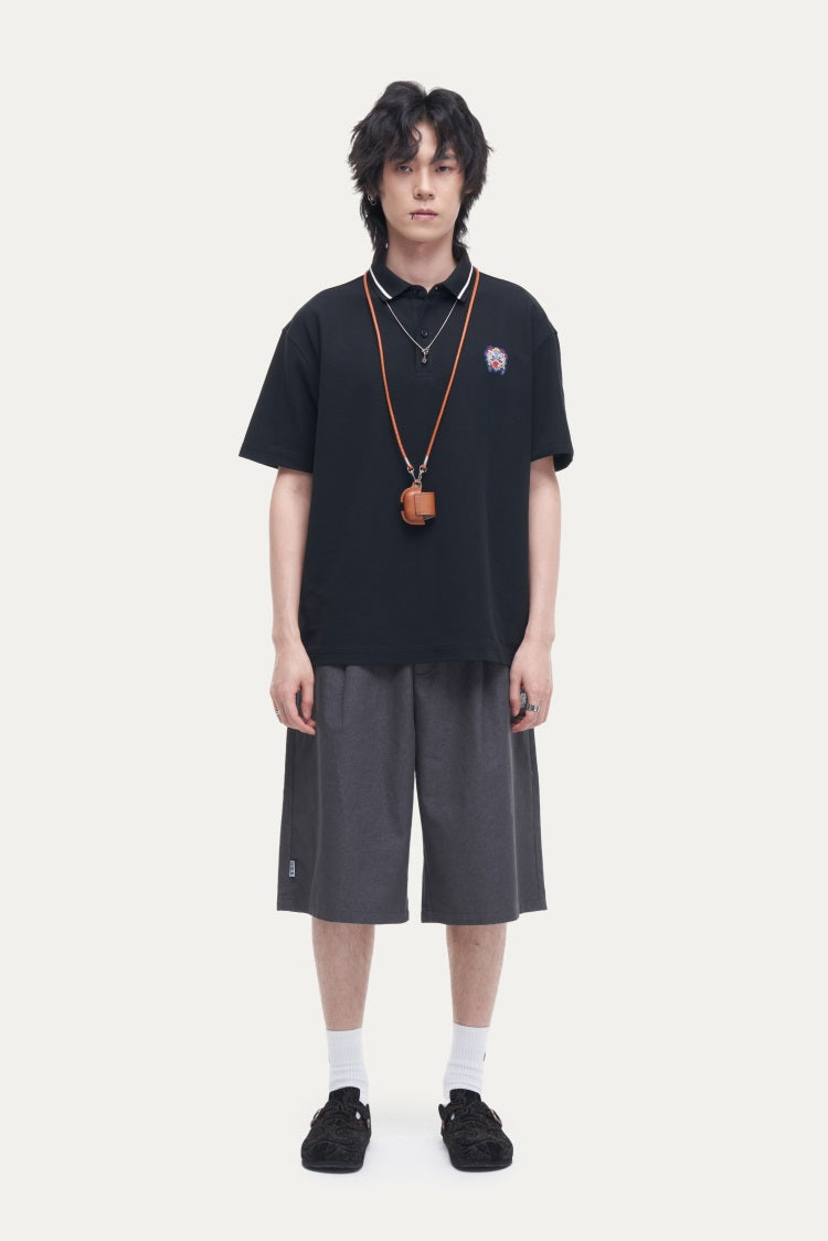 HEA Unisex Oversized Polo Shirt, Short-Sleeve Streetwear Top with Embroidered Logo, Casual Collared Tee for Men & Women