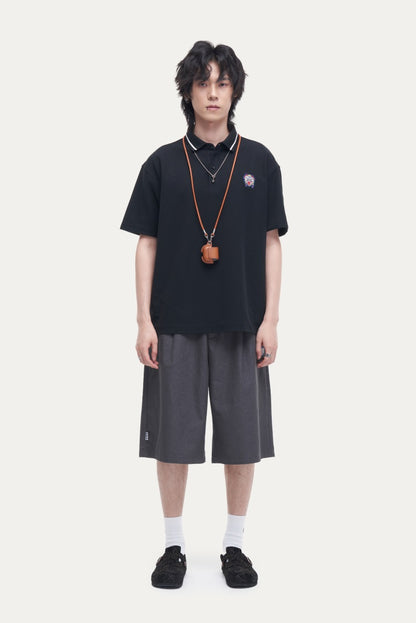 HEA Unisex Oversized Polo Shirt, Short-Sleeve Streetwear Top with Embroidered Logo, Casual Collared Tee for Men & Women