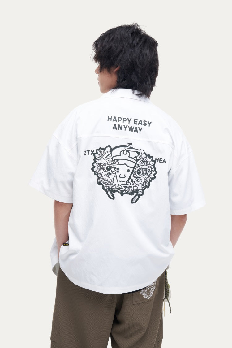 HEA Unisex Oversized Short-Sleeve Shirt, Streetwear Button-Up Top with Front & Back Lion Print, Casual Loose Fit Blouse for Men & Women