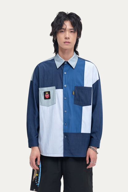 HEA Patchwork Color Block Oversized Button-Up Shirt | Unisex Streetwear Casual Top