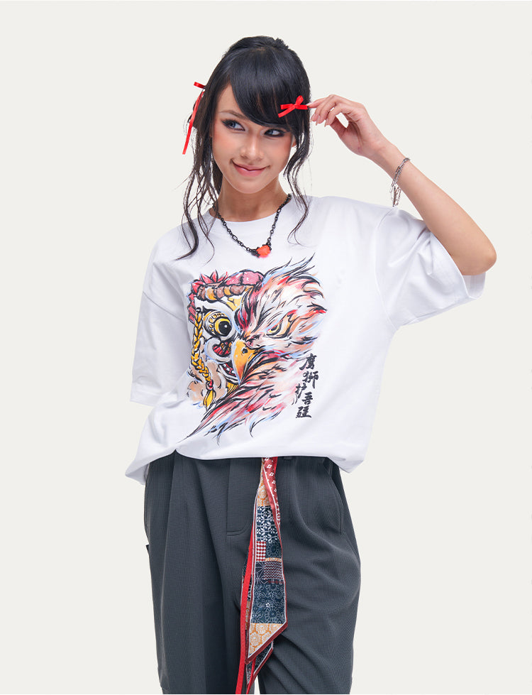 HEA Unisex Heavyweight 100% Cotton Lion Eagle Graphic T-Shirt, Oversized Streetwear