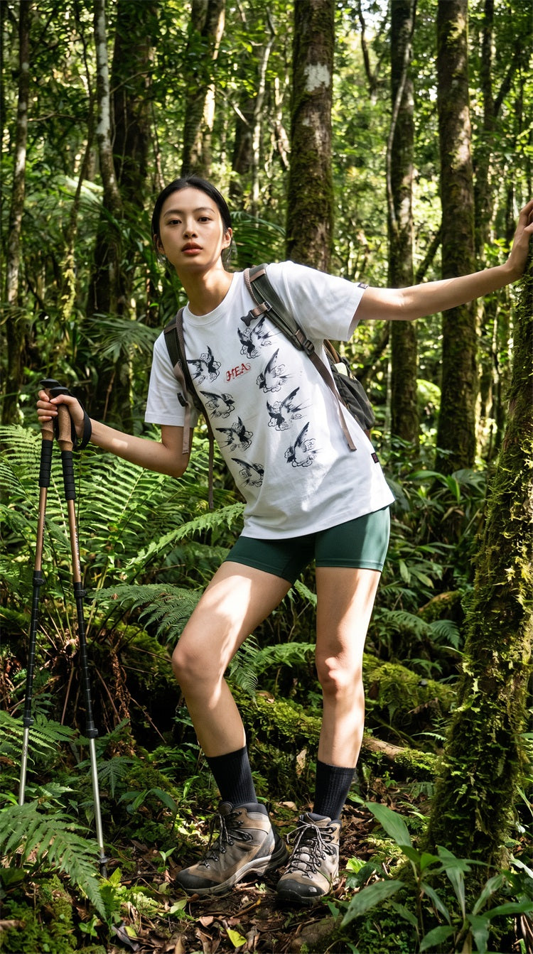 HEA Swallow Print T-Shirt, Unisex Streetwear Casual Tee with Traditional Chinese Art