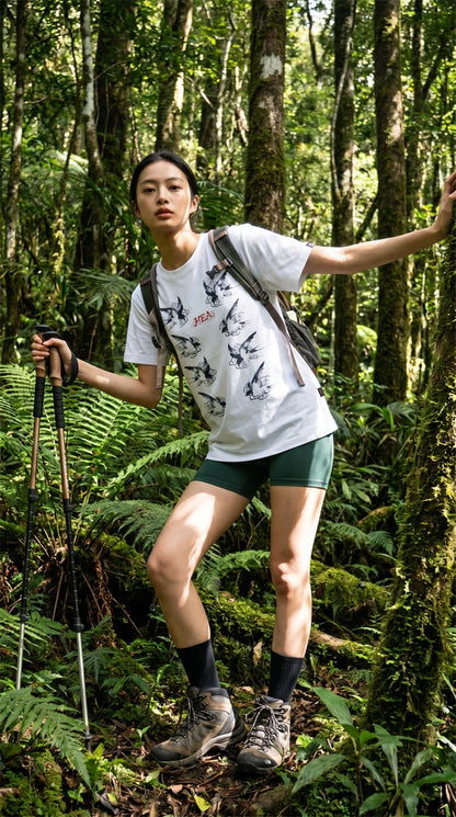 HEA Swallow Print T-Shirt, Unisex Streetwear Casual Tee with Traditional Chinese Art