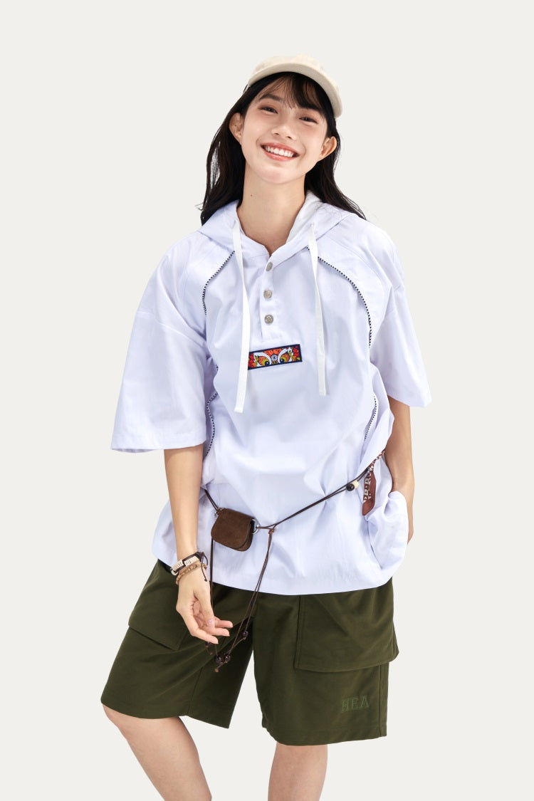 HEA Half Button Short Sleeve Hooded Polo Shirt, Unisex Contrast Stitch Casual Street Top