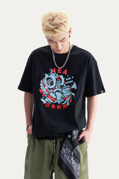 HEA Unisex Heavyweight 100% Cotton Lion Print T-Shirt, Casual Oversized Streetwear Short Sleeve