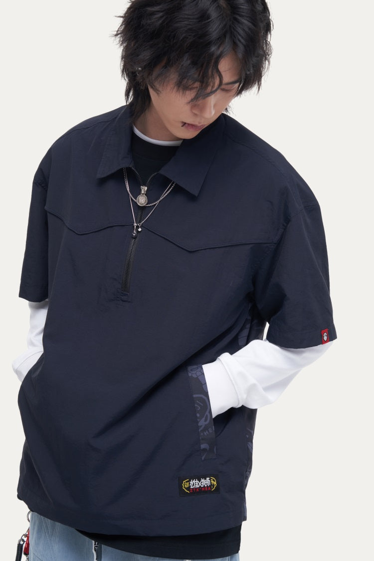 HEA Unisex Half-Zip Polo Shirt, Streetwear Printed Back Short-Sleeve Top, Casual Loose Fit Collared Tee for Men & Women