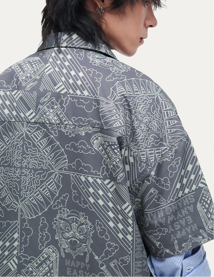 HEA Unisex Allover Print Button Up Shirt, Casual Streetwear Short Sleeve Camp Shirt