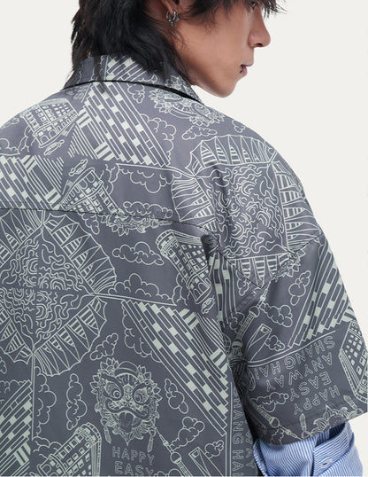 HEA Unisex Allover Print Button Up Shirt, Casual Streetwear Short Sleeve Camp Shirt