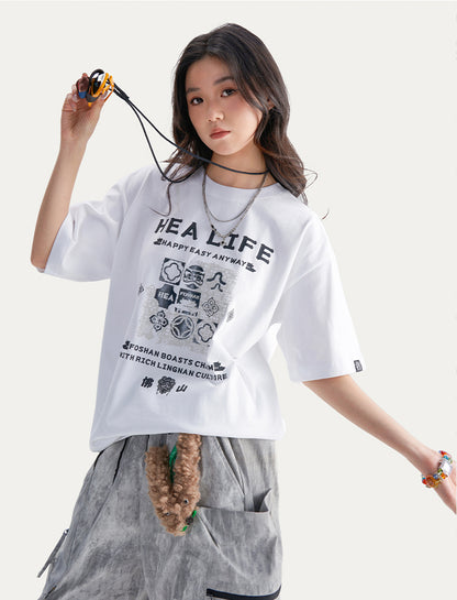 HEA Unisex Oversized Cotton Graphic T-Shirt, Casual Streetwear Short Sleeve Tee