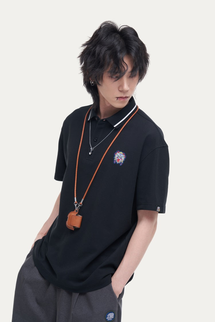 HEA Unisex Oversized Polo Shirt, Short-Sleeve Streetwear Top with Embroidered Logo, Casual Collared Tee for Men & Women
