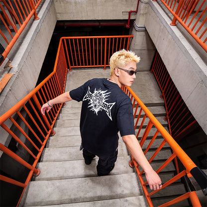 HEA Distressed Wash Lion Head Graphic Tee, Unisex Gothic Streetwear Short Sleeve T-shirt