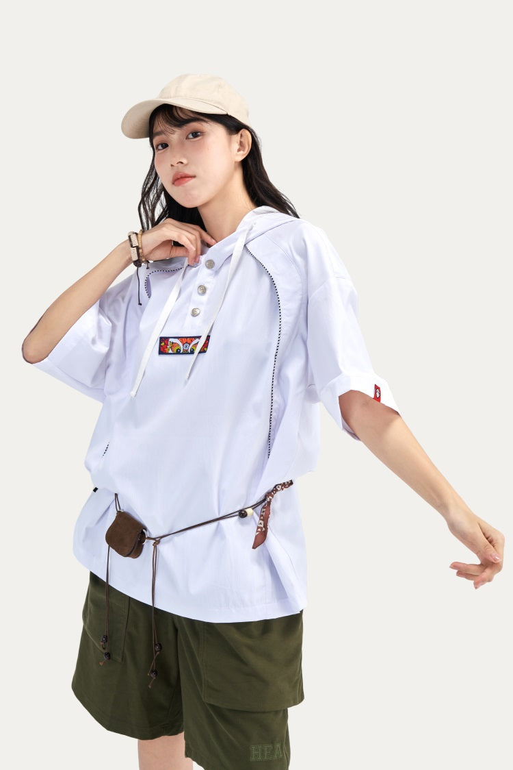 HEA Half Button Short Sleeve Hooded Polo Shirt, Unisex Contrast Stitch Casual Street Top
