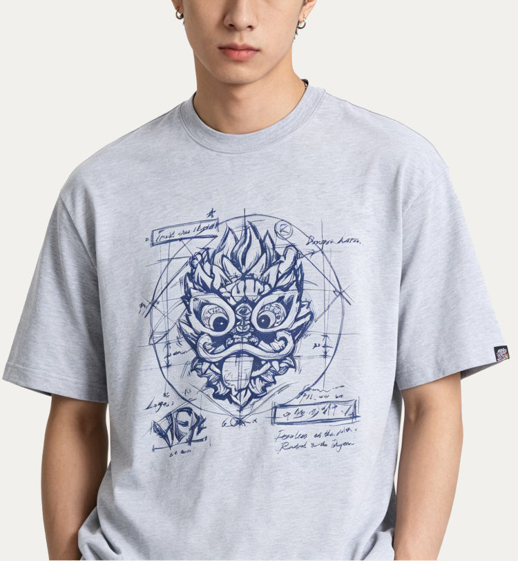 HEA Blueprint Sketch Lion Head Crewneck Tee, Unisex Casual Cotton Short Sleeve T-Shirt