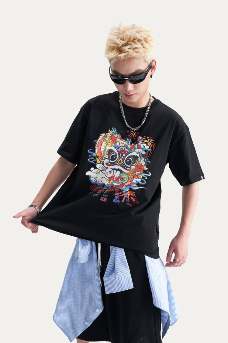 HEA Unisex Heavyweight Cotton Colorful Lion Graphic T-Shirt, Oversized Streetwear Short Sleeve Tee
