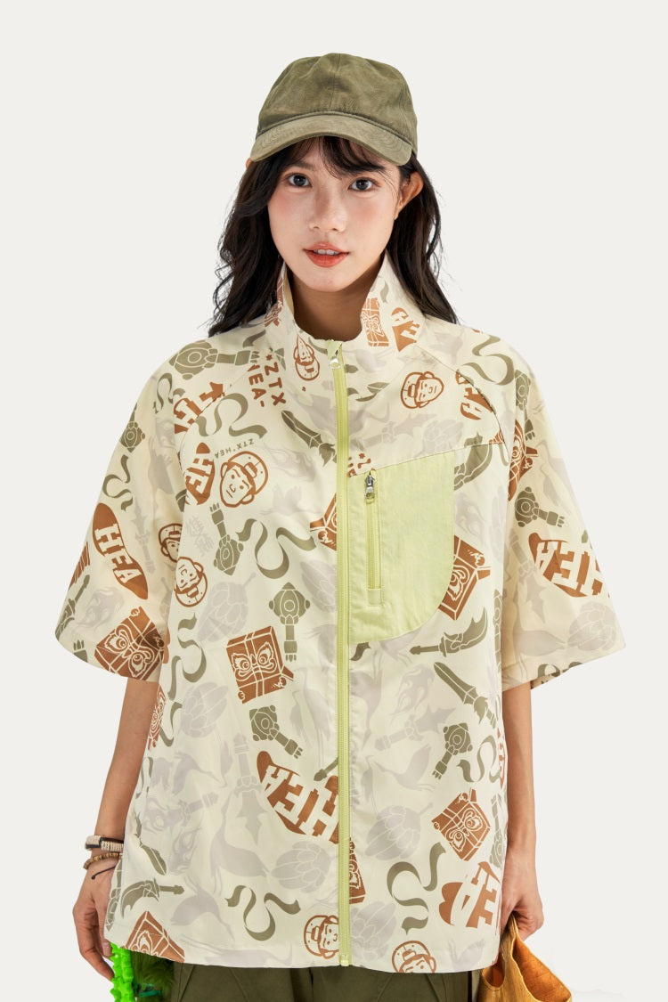 HEA All-Over Print Half-Sleeve Zip-Up Jacket | Unisex Streetwear Casual Stand Collar Top