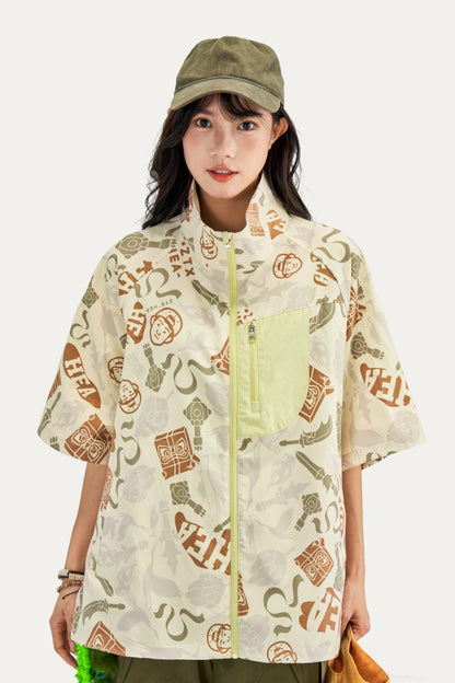 HEA All-Over Print Half-Sleeve Zip-Up Jacket | Unisex Streetwear Casual Stand Collar Top