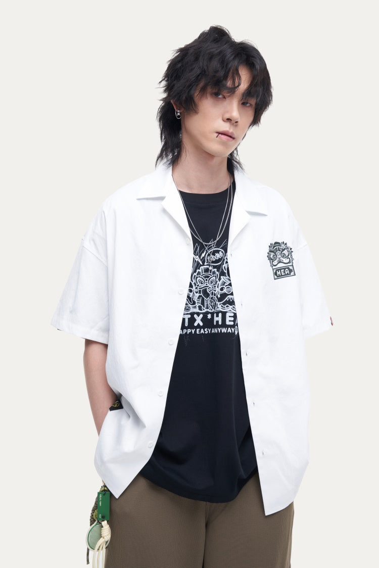 HEA Unisex Oversized Short-Sleeve Shirt, Streetwear Button-Up Top with Front & Back Lion Print, Casual Loose Fit Blouse for Men & Women