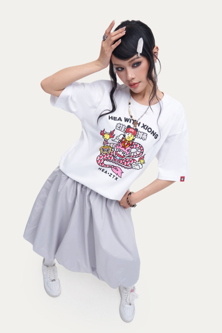 HEA Unisex Oversized Cartoon Print T-Shirt, Crew Neck Cotton Tee with Graffiti-Style Character Design, Casual Streetwear Top for Men Women