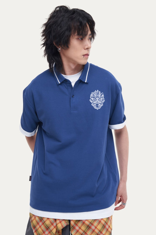 HEA Unisex Oversized Polo Shirt, Short-Sleeve Streetwear Top with Embroidered Lion Logo, Casual Collared Tee for Men & Women