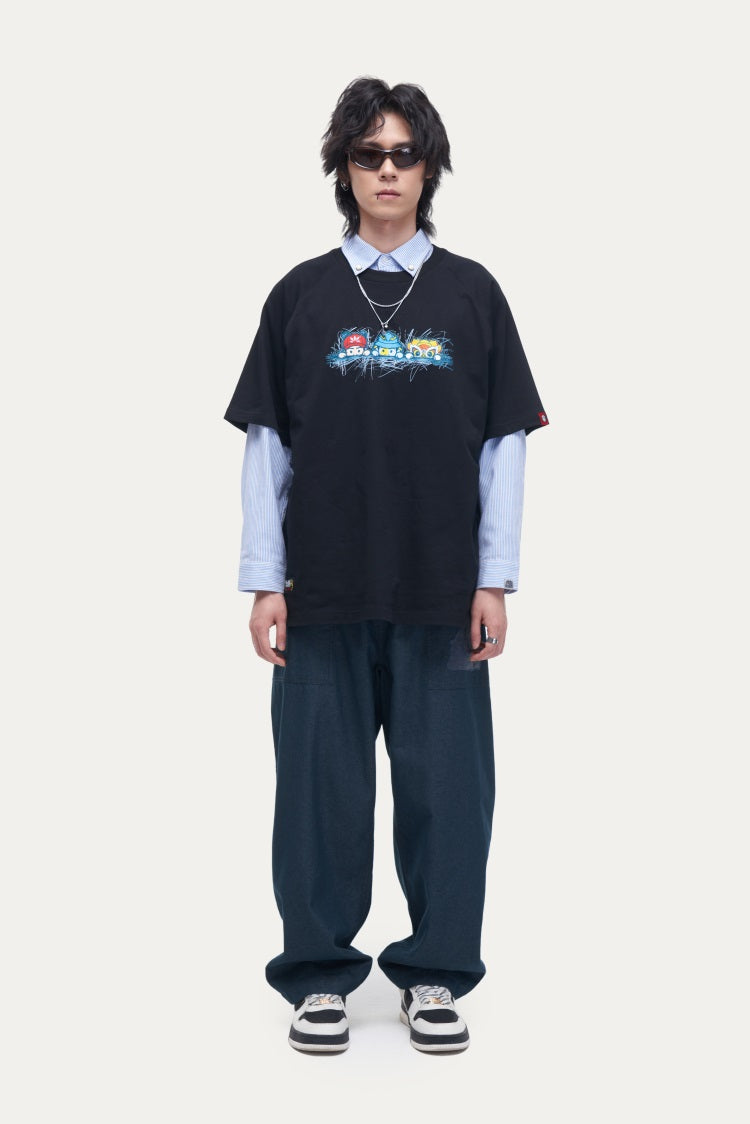 HEA Unisex Oversized Cartoon Print T-Shirt, Crew Neck Cotton Tee with Graffiti-Style Character Design, Casual Streetwear Top for Men Women