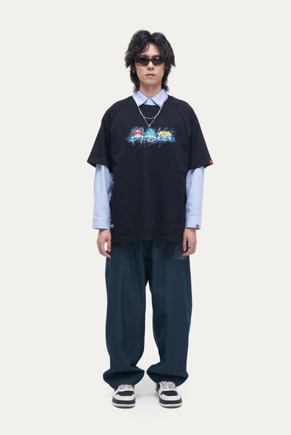 HEA Unisex Oversized Cartoon Print T-Shirt, Crew Neck Cotton Tee with Graffiti-Style Character Design, Casual Streetwear Top for Men Women