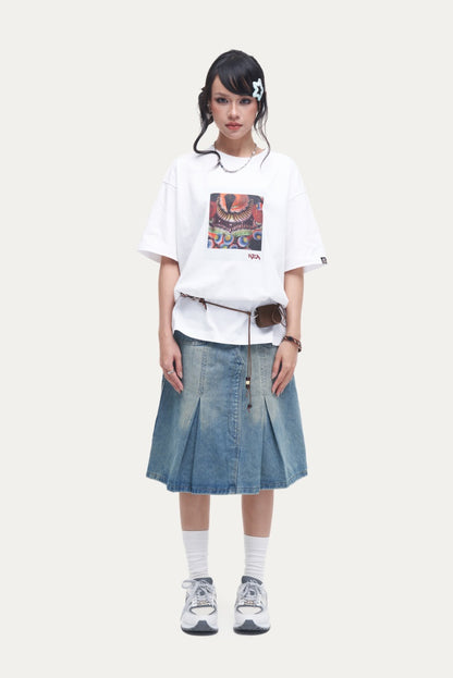 HEA Unisex Oversized Graphic T-Shirt, Crew Neck Cotton Tee with Front & Back Lion Print, Casual Streetwear Top for Men Women