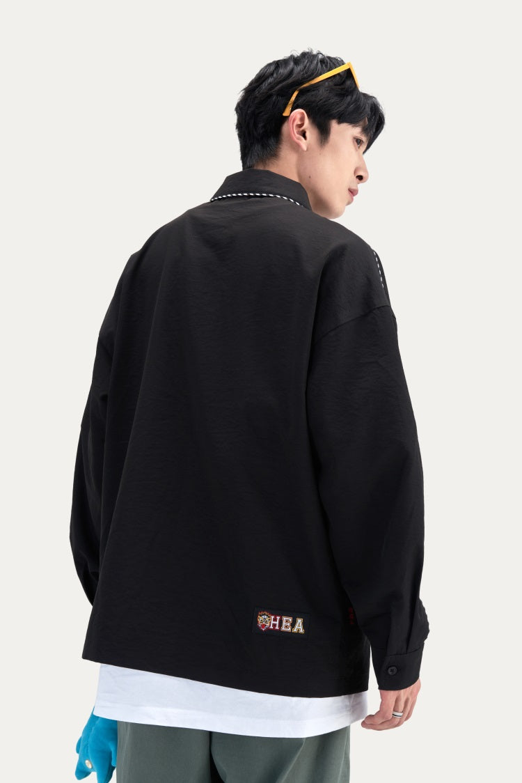 HEA Contrast Stitch Lion Embroidery Oversized Shacket, Men’s Casual Long Sleeve Button Down Shirt Jacket