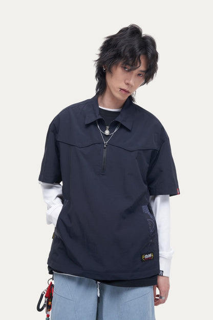 HEA Unisex Half-Zip Polo Shirt, Streetwear Printed Back Short-Sleeve Top, Casual Loose Fit Collared Tee for Men & Women