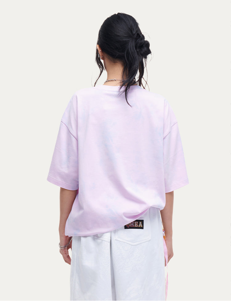 HEA Unisex Tie Dye Lion Print T-Shirt, Casual Streetwear Oversized Short Sleeve Cotton Tee