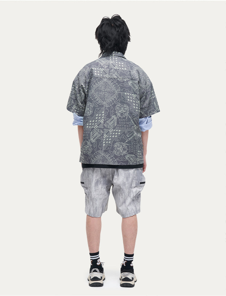 HEA Unisex Allover Print Button Up Shirt, Casual Streetwear Short Sleeve Camp Shirt