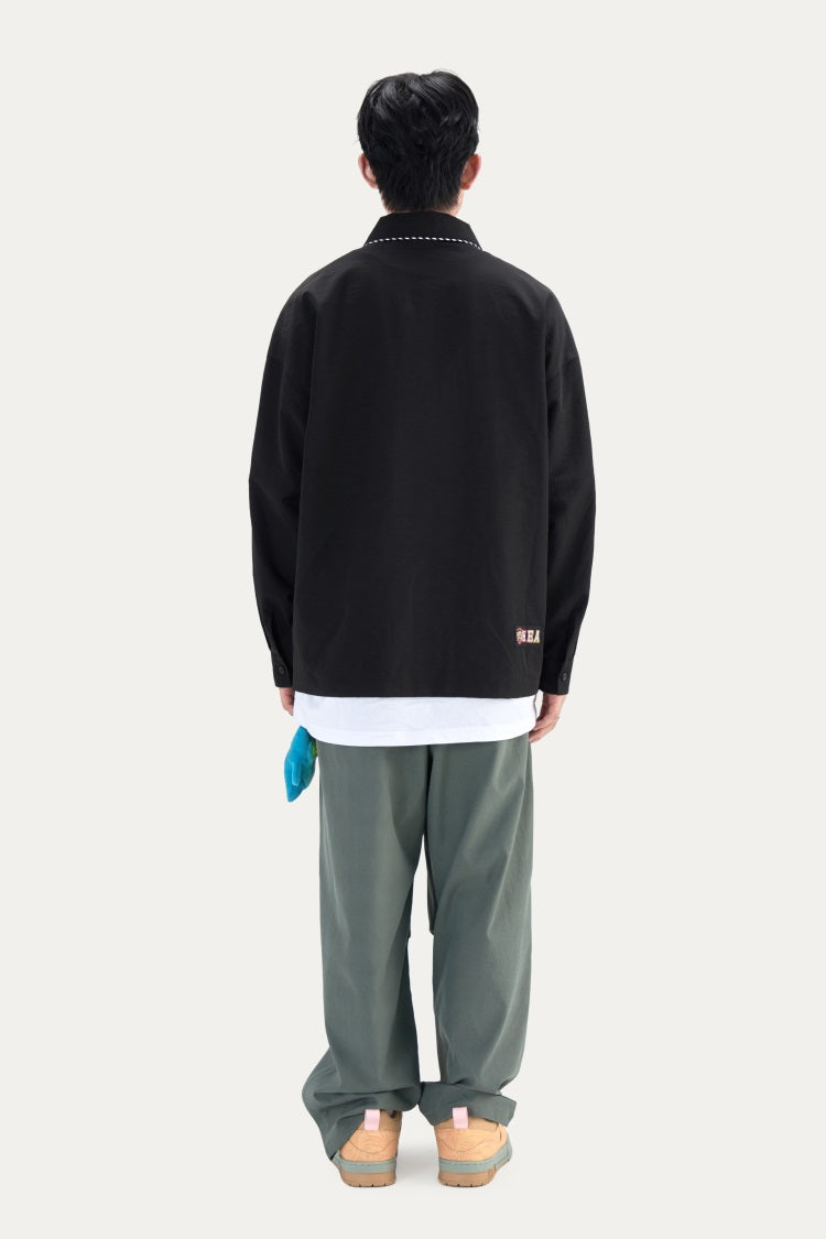 HEA Contrast Stitch Lion Embroidery Oversized Shacket, Men’s Casual Long Sleeve Button Down Shirt Jacket