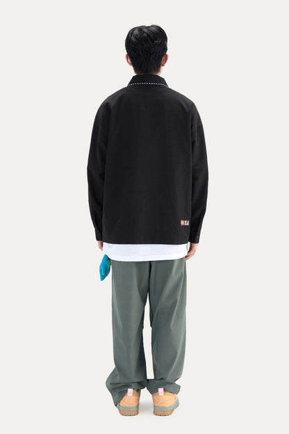 HEA Contrast Stitch Lion Embroidery Oversized Shacket, Men’s Casual Long Sleeve Button Down Shirt Jacket