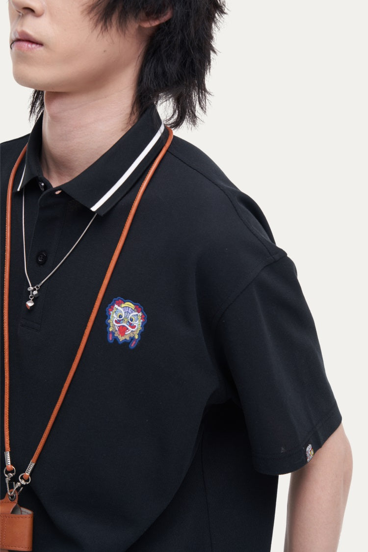 HEA Unisex Oversized Polo Shirt, Short-Sleeve Streetwear Top with Embroidered Logo, Casual Collared Tee for Men & Women