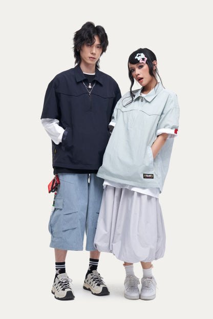 HEA Unisex Half-Zip Polo Shirt, Streetwear Printed Back Short-Sleeve Top, Casual Loose Fit Collared Tee for Men & Women