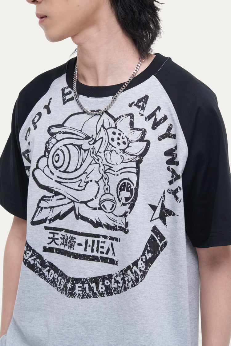 HEA Unisex Heavyweight 100% Cotton Raglan Sleeve Lion Print T-Shirt, Casual Streetwear Short Sleeve