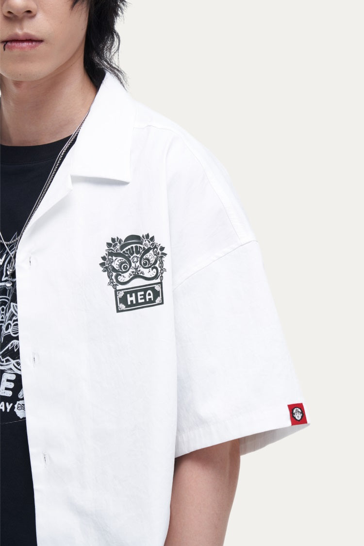 HEA Unisex Oversized Short-Sleeve Shirt, Streetwear Button-Up Top with Front & Back Lion Print, Casual Loose Fit Blouse for Men & Women