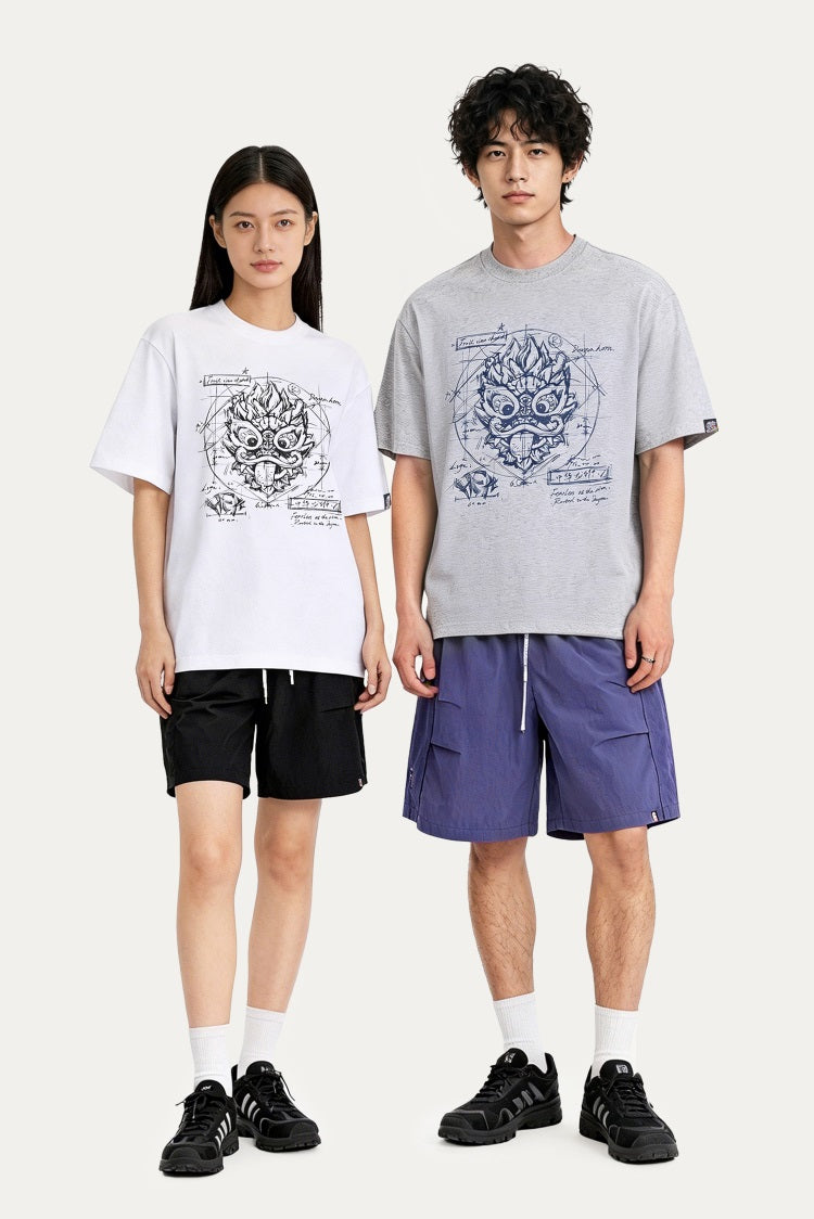 HEA Blueprint Sketch Lion Head Crewneck Tee, Unisex Casual Cotton Short Sleeve T-Shirt