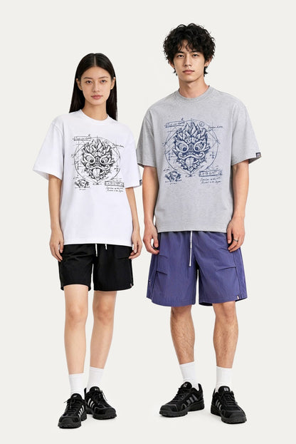 HEA Blueprint Sketch Lion Head Crewneck Tee, Unisex Casual Cotton Short Sleeve T-Shirt