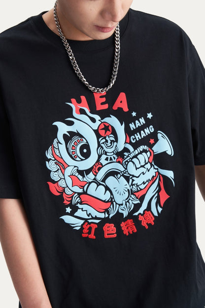HEA Unisex Heavyweight 100% Cotton Lion Print T-Shirt, Casual Oversized Streetwear Short Sleeve