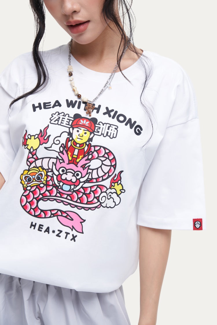 HEA Unisex Oversized Cartoon Print T-Shirt, Crew Neck Cotton Tee with Graffiti-Style Character Design, Casual Streetwear Top for Men Women