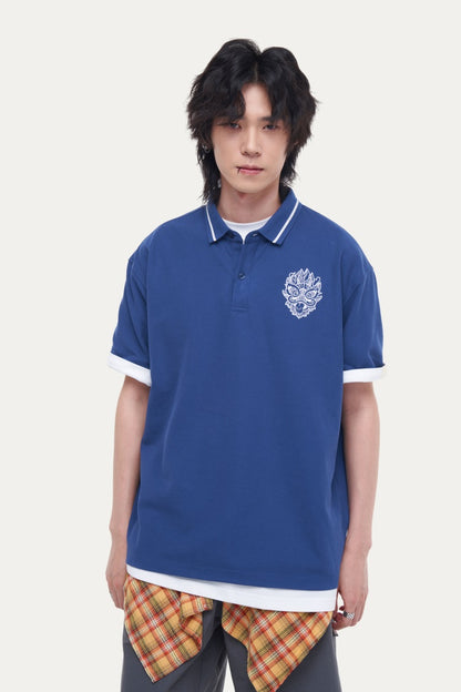 HEA Unisex Oversized Polo Shirt, Short-Sleeve Streetwear Top with Embroidered Lion Logo, Casual Collared Tee for Men & Women