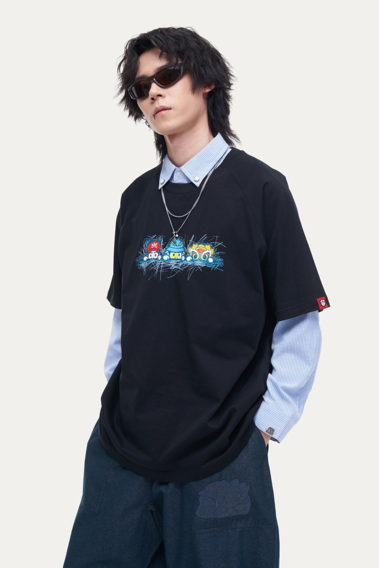 HEA Unisex Oversized Cartoon Print T-Shirt, Crew Neck Cotton Tee with Graffiti-Style Character Design, Casual Streetwear Top for Men Women