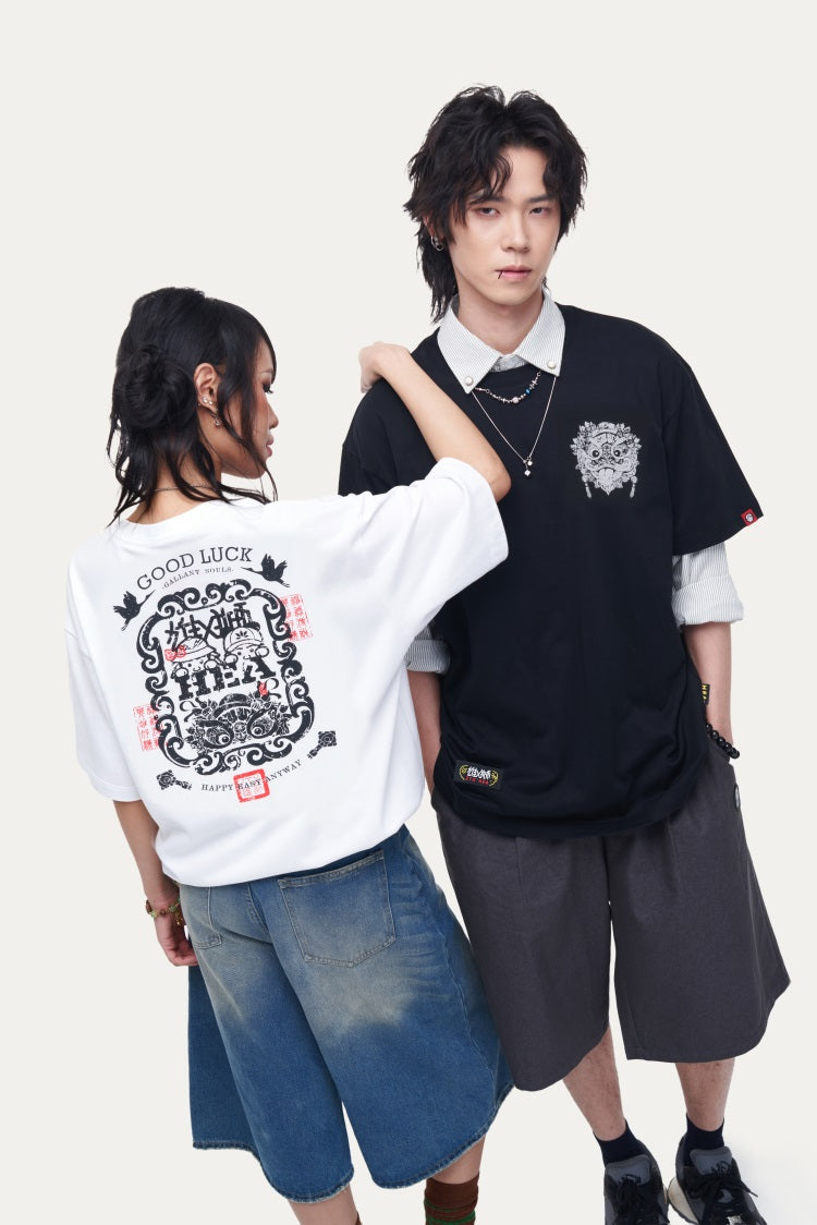 HEA Unisex Oversized Graphic T-Shirt, Crew Neck Cotton Tee with Front & Back Lion Print, Casual Streetwear Top for Men Women