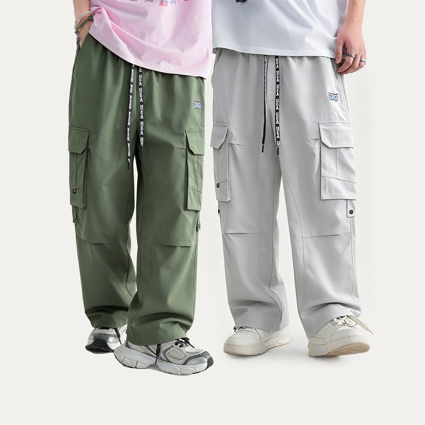 HEA Men’s Lightweight Cargo Pants, Casual Streetwear Loose Straight-Leg Trousers with Drawstring Waist