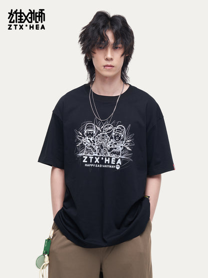 HEA Unisex Oversized Graphic T-Shirt, Crew Neck Cotton Tee with Sketch Print, Casual Streetwear Top for Men Women