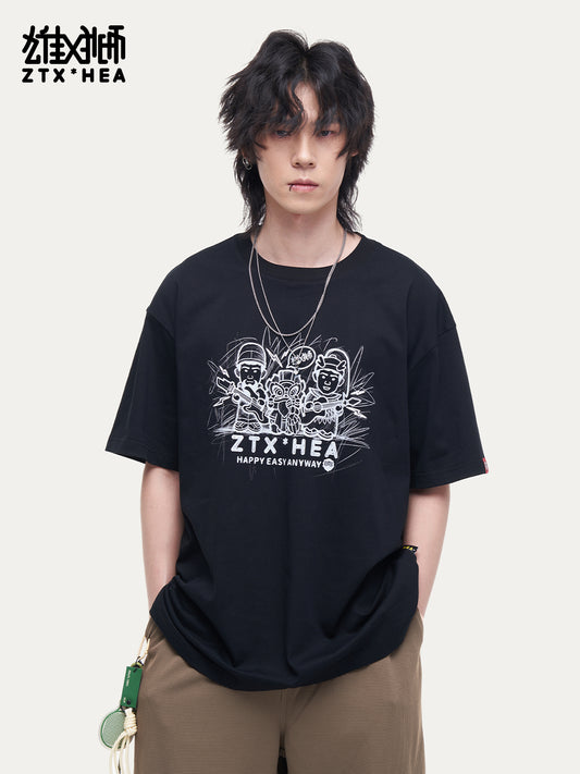 HEA Unisex Oversized Graphic T-Shirt, Crew Neck Cotton Tee with Sketch Print, Casual Streetwear Top for Men Women