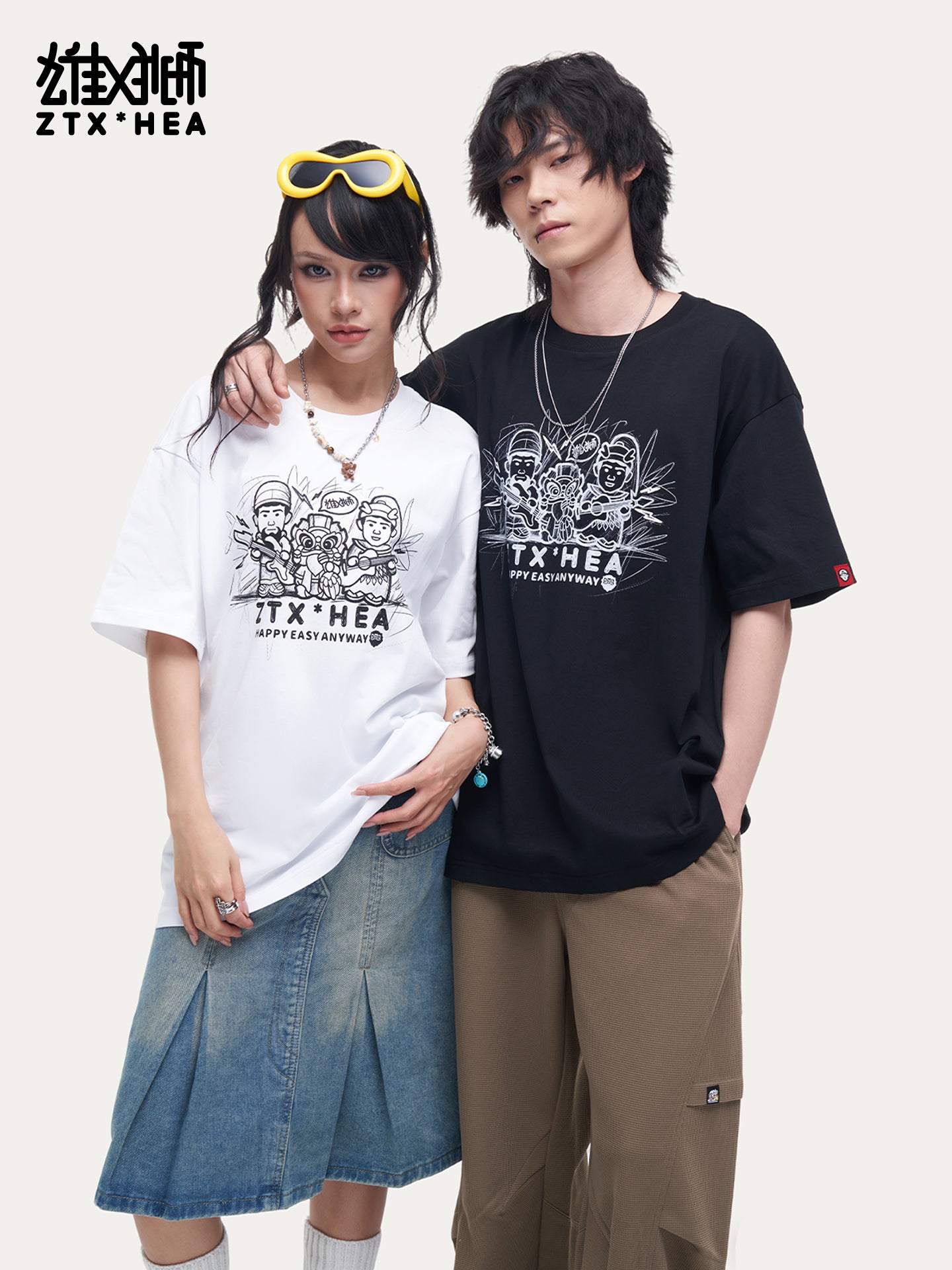 HEA Unisex Oversized Graphic T-Shirt, Crew Neck Cotton Tee with Sketch Print, Casual Streetwear Top for Men Women
