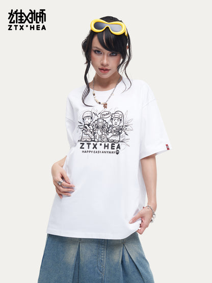 HEA Unisex Oversized Graphic T-Shirt, Crew Neck Cotton Tee with Sketch Print, Casual Streetwear Top for Men Women