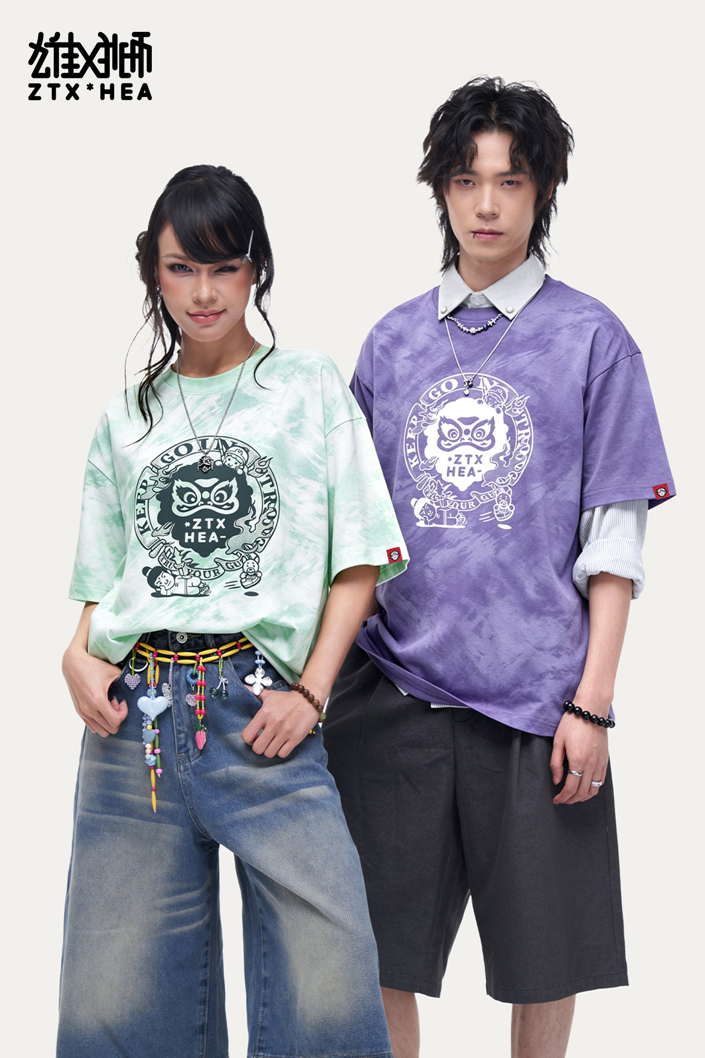 HEA Unisex Oversized Tie-Dye Graphic T-Shirt, Crew Neck Cotton Tee with Lion Print, Casual Streetwear Top for Men Women
