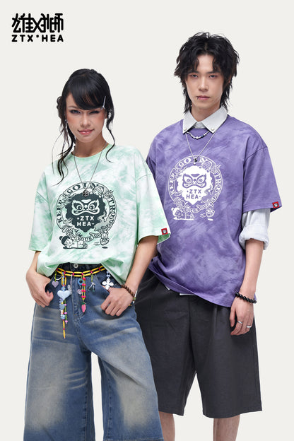 HEA Unisex Oversized Tie-Dye Graphic T-Shirt, Crew Neck Cotton Tee with Lion Print, Casual Streetwear Top for Men Women